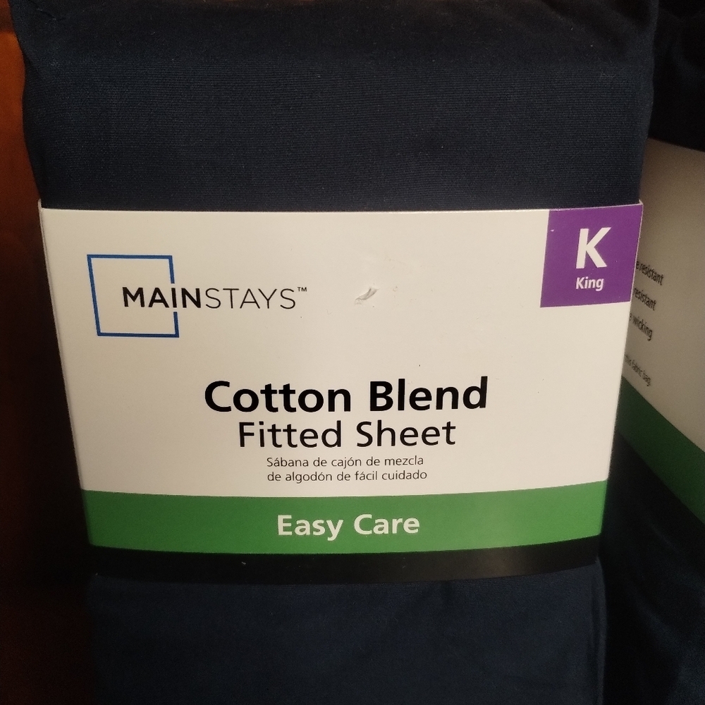 New Mainstays Navy Cotton Blend King Size Fitted Sheet
